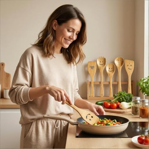 Smiley Face Wooden Spoons Set, 5-Piece Organic Bamboo Cooking Utensils