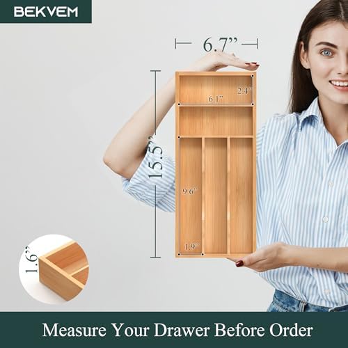 Silverware Organizer, Bamboo Kitchen Drawer Organizer, Utensil Holder, Cutlery Tray & Spoon Flatware Storage with Grooved Drawer Dividers (6.7''W x 15.5''D)