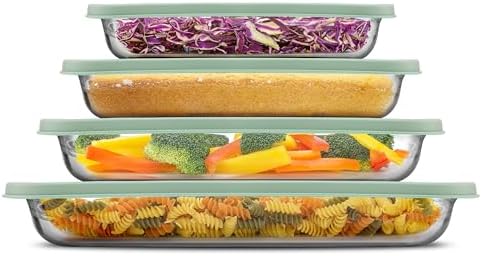 JoyJolt 8-Piece Borosilicate Glass Oven Dishes with Sage Green Lids, Rectangle Deep Glass Baking Dish Set, Baking Pans for Lasagna Casserole Cake, Bakeware Set, Freezer to Oven Tray to Dishwasher