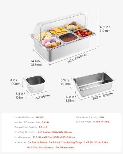 VEVOR Countertop Food Serving Display Container, 6 Pan Stainless Steel Food Serving Tray, Buffet Condiment Dispenser Display Rack with Clear Lid & 3 Freezer Boxes, for Restaurant Hotel Kitchen Party