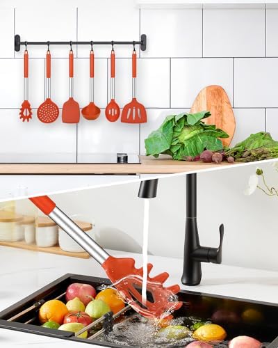 Silicone Kitchen Utensils Set, 8Pcs Cooking Utensils with Holder, Red