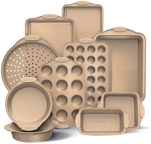 Country Kitchen Nonstick Stackable Bakeware Set - Heavy Duty, Durable, Easy Release Baking Set, Gold, 10 Pcs
