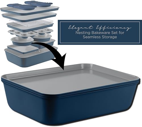 Country Kitchen Nonstick Stackable Bakeware Set - Deluxe Heavy Duty, Durable, Easy Release Baking Set, Denim, 13 Pcs
