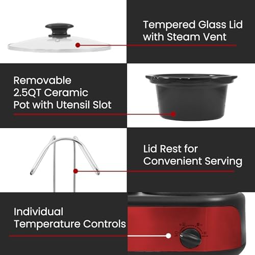Elite Gourmet EWMST-325R Triple Slow Cooker Buffet Server, 3 x 2.5 Qt, Red