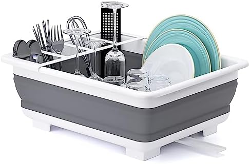 THANSTAR Collapsible Dish Drying Rack Portable Dinnerware Drainer Organizer for Kitchen RV Campers Travel Trailer Space Saving Kitchen Storage Tray
