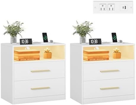 VASAGLE 23.6‑Inch Wide Nightstands, Set of 2, LED Lights, 2 Drawers