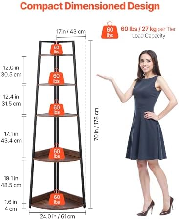 VEVOR 5 Tier Corner Shelf, Tall Corner Bookshelf Plant Rack, Wall Shelves Tower Storage Organizer with Metal Frame & Wooden Shelves, Narrow Display Book Shelf Rack for Bedroom, Living Room, Office