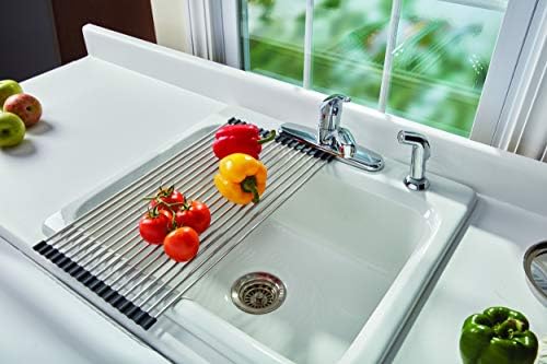 Farberware Dish Drying Rack Over the Sink, Large Stainless Steel Rolling Drying Rack for Kitchen Counter, Rust-Resistant Rods, Holds Up to 22 lbs, Dishwasher Safe