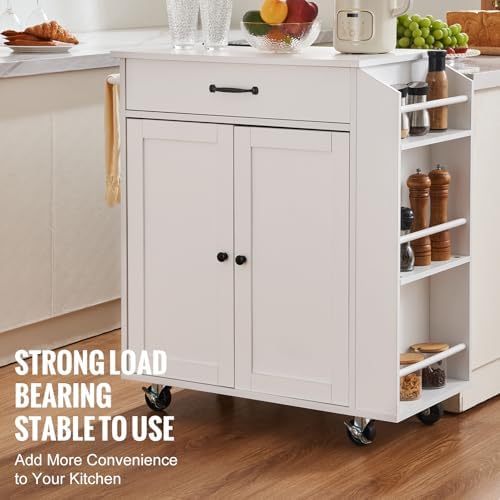VEVOR Kitchen Island Cart, 32" Mobile Carts with Storage Cabinet, Rolling Table with Power Outlet, Spice Rack, Towel Bar, Adjustable Shelf, Drawer, Dining Living Room Portable Islands on Wheels, White