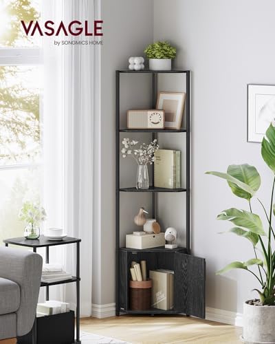 VASAGLE Corner Shelf Floor Standing, 5-Tier Bookshelf with Cabinet