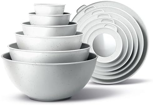 COOK WITH COLOR Mixing Bowls with TPR Lids - 12 Piece Plastic Nesting Bowls Set includes 6 Prep Bowls and 6 Lids, Microwave Safe Mixing Bowl Set (Speckled White)