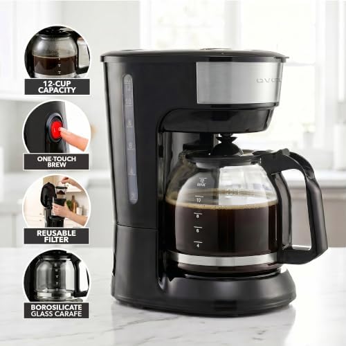 OVENTE 12-Cup Drip Coffee Maker with Easy On/Off Switch, Black CM412B