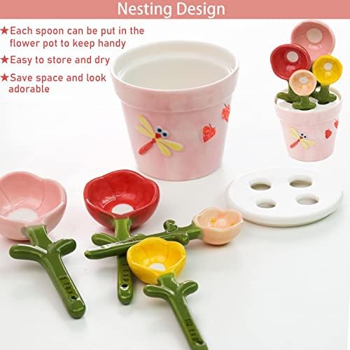 Flower Measuring Spoons Set in Pot - Ceramic Baking Measuring Spoons with Holder for Dry & Wet Ingredients - Cute Flower Figurine - Dishwasher Safe - 1 Tbsp, 1/2 Tsp, 1/4 Tsp - Unique Gift - Blue