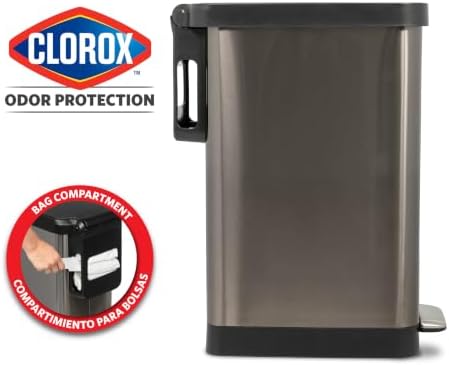 Glad Stainless Steel Slim Trash Can with Clorox Odor Protection - Narrow Kitchen Garbage Bin with Soft Close Lid, Step On Foot Pedal and Waste Bag Roll Holder, Pewter, 12 Gallon/45 Liter