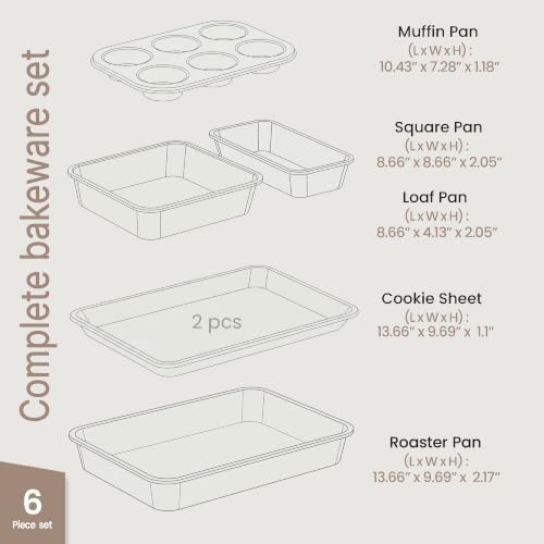 BAKKEN Nonstick Carbon Steel Bakeware Set - 6 Piece Kitchen Baking Trays, Non Toxic Stackable Oven Pans Bundle with Cookie Sheets, 6 Cup Muffin, Roaster, Square Cake, and Loaf Pan for Bread