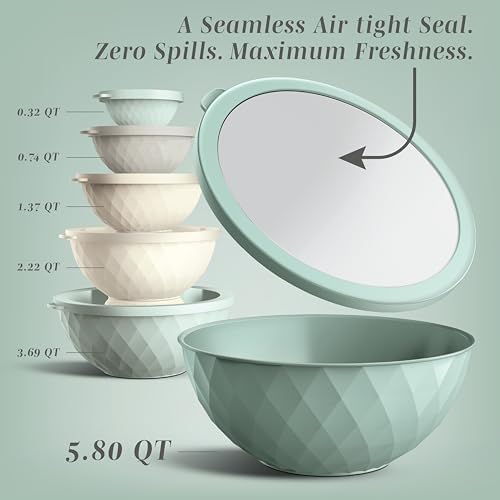 COOK WITH COLOR Mixing Bowls with Lids - 12 Piece Plastic Nesting Bowls Set includes 6 Prep Bowls and 6 Lids, Microwave Safe Mixing Bowl Set, Mint Diamond