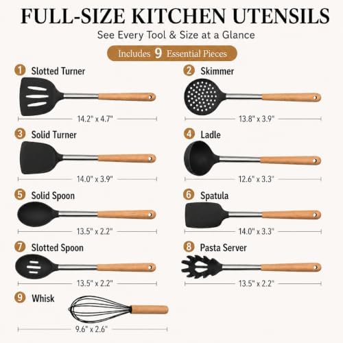 Silicone Kitchen Utensils Set, 9 Pcs Full-Size Non-Toxic Cooking Utensils with Wooden Handles & Stainless Steel Core, Heat Resistant Food Grade Kitchen Gadgets for Nonstick Cookware