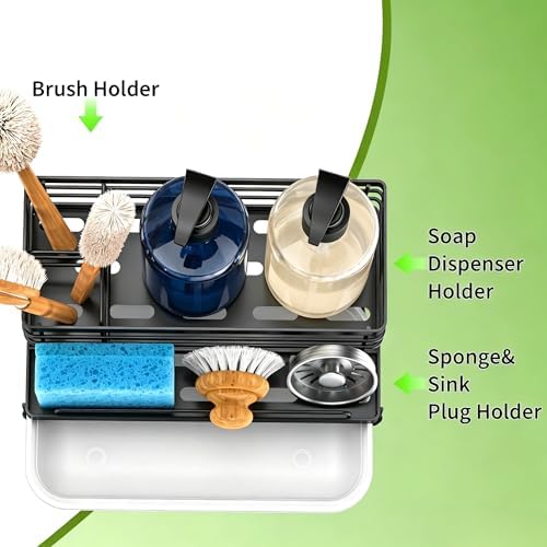 Cisily Sponge Holder for Kitchen, Sink Caddy Organizer, Kitchen Sink Accessories with Drip Tray, Rustproof and Non-slip Kitchen Sink Sponge Holder (Black)