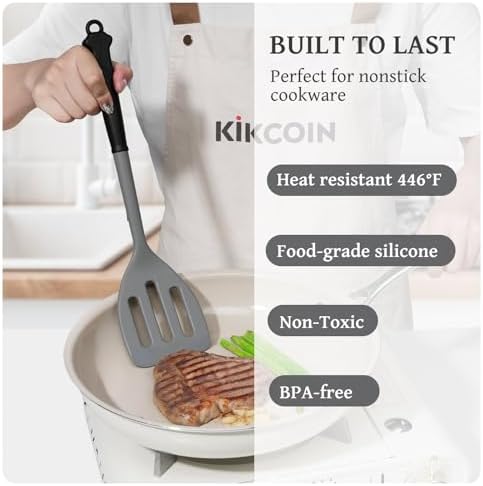 Kikcoin 43 PCS Silicone Kitchen Utensils Set, Dishwasher Safe Kitchen Cooking Utensils Set, 446°F Spatulas Silicone Heat Resistant, Non Toxic Silicone Utensils Set With Two-Tone Grip Handles, Gray