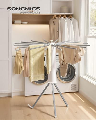 SONGMICS Drying Rack, Foldable Rotary Tripod, 16 Pull-Out Aluminum Arms