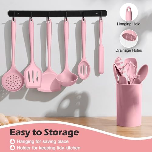 Homikit 15-Piece Kitchen Utensil Set, Pink Silicone Utensils with Holder