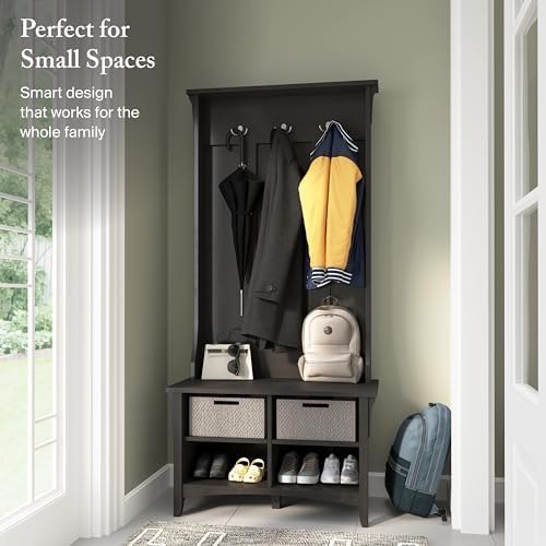 Bush Home Salinas Hall Tree with Shoe Storage Bench in Vintage Black, Multi-Purpose Home Organizer, Entryway Solution with Seating and Hooks