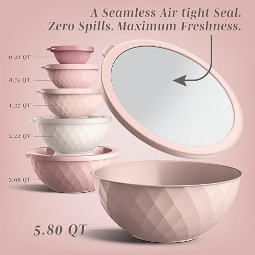 COOK WITH COLOR Mixing Bowls with Lids - 12 Piece Plastic Nesting Bowls Set includes 6 Prep Bowls and 6 Lids, Microwave Safe Mixing Bowl Set, Pink Diamond