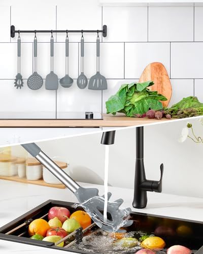 Silicone Kitchen Utensils Set, 8Pcs Cooking Utensils with Holder, Gray