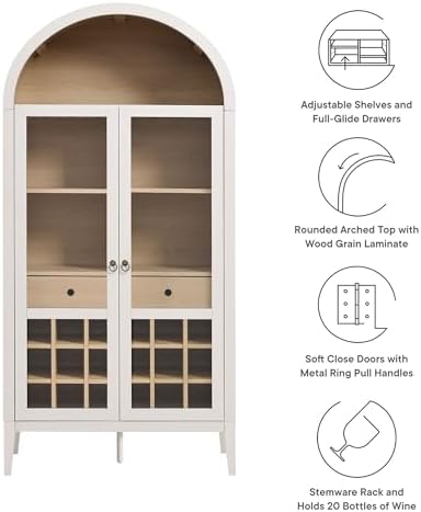 Modway Nolan Modern Farmhouse Arched Bar Cabinet in Ivory Wood Grain - 72 Inch Tall Wine Storage Cabinet with Glass Doors and Wine Rack - Large Liquor Cabinet for Dining or Living Room