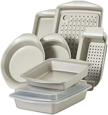 Rachael Ray Nonstick Bakeware Set without Grips includes Nonstick Bread Pan, Baking Pans, Cake Pans, Cookie Sheet / Baking Sheet - 10 Piece, Silver