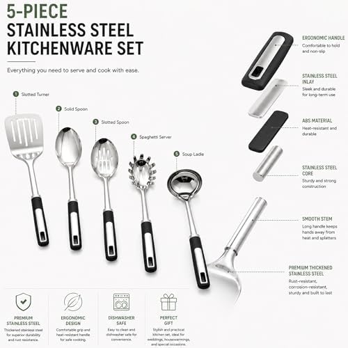 Stainless Steel Cooking Utensils Set with Ergonomic Handles.5-Piece