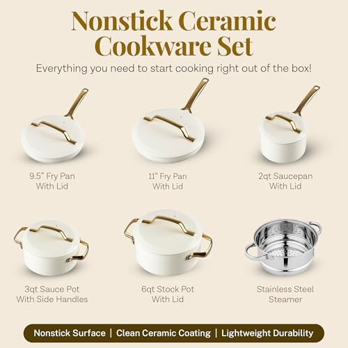 Gotham Steel Modern 11 Pc Ceramic Cookware Set, Elegantly Designed Pots and Pans Set Non Stick with Steamer, Induction Bottom, Premium Stay Cool Handles, Non Toxic PFOA Free, Oven & Dishwasher Safe