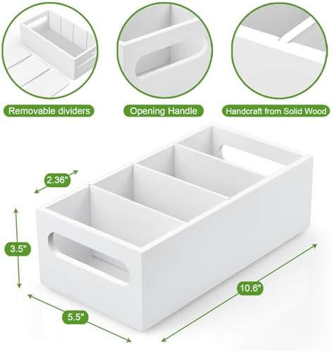 DRASTAR Pantry Organization and Storage Bins, Seasoning Packet Organizer with Removable Dividers,Wooden Storage Caddy for Kitchen, Pantry, Cabinet, Countertop, White