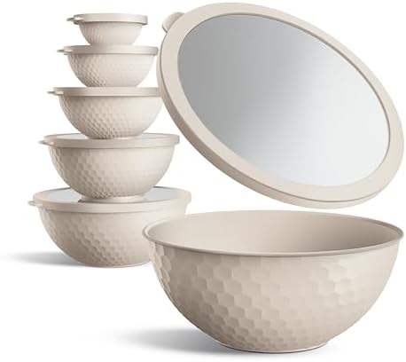 COOK WITH COLOR Mixing Bowls with Lids - 12 Piece Plastic Nesting Bowls Set includes 6 Prep Bowls and 6 Lids, Microwave Safe Mixing Bowl Set, Cream Embossed