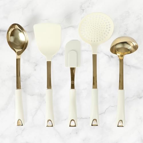 Martha Stewart Lockton 5-Piece Kitchen Tool Set – Stainless Steel & Nylon Cooking Utensils with Linen Handles and Gold Accents, Durable Heat-Resistant Kitchen Gadgets