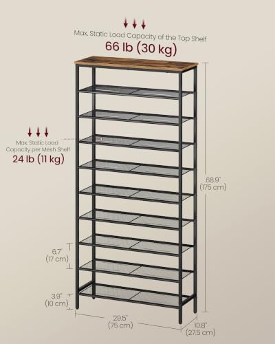 VASAGLE Shoe Rack with 9 Mesh Shelves and 1 Large Top for Bags, Steel Frame