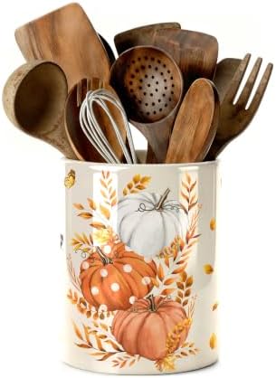 Fall Pumpkin Utensil Holder, Orange Autumn Decor Large Ceramic Utensil Holder For Kitchen Organizer, Farm 6.3'' Cooking Utensil Crocks Rustic Decor Utensil Storage Cup for Countertop