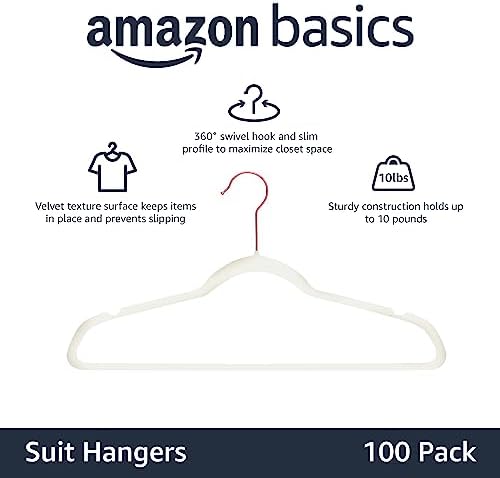 Amazon Basics Slim Velvet Non-Slip Space Saving Suit Clothes Hangers for Closet Organization, Ivory/Rose Gold, 100-Pack