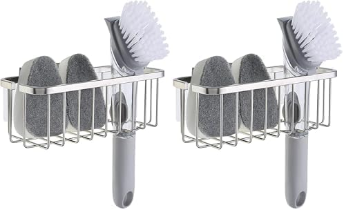 SunnyPoint NeverRust Deluxe Kitchen & Bathroom Sink Sponge Holder Organizer with Adhesive Mount - Additional Suction Cup Included – Sponge & Brush NOT Included – 7.4 x 3.3 x 2.75 Inch (Pack of 2)