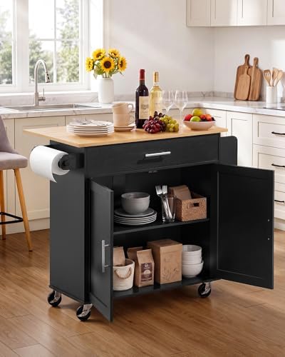 VEVOR Kitchen Island Cart with Storage, 42.28 in Wide Mobile Rolling Storage Island on Swivel Wheels, with Drawer, Storage Cabinet, Drop Leaf, Spice Rack, Table for Home Dining Room, Black