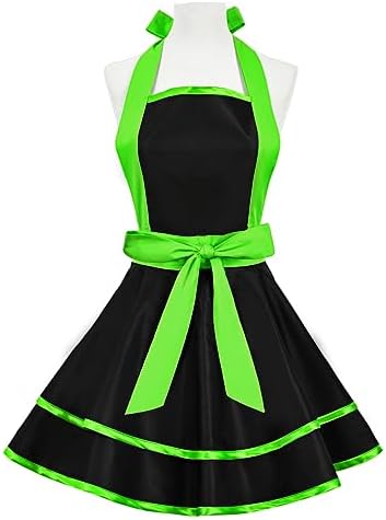 Violet Mist Cute Lovely Retro Aprons for Women Girls - Sexy Vintage Black & Green 50s Apron for Halloween, Christmas, Cooking, Kitchen - Ruffle Apron for Housewife, Waitress, Mother's Gift