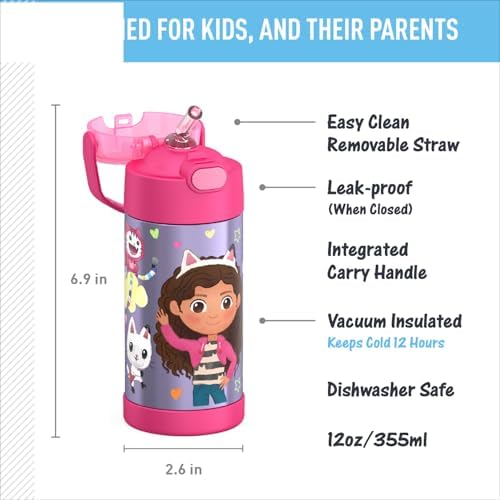 THERMOS FUNTAINER Water Bottle with Straw, 12oz, Gabby’s Dollhouse