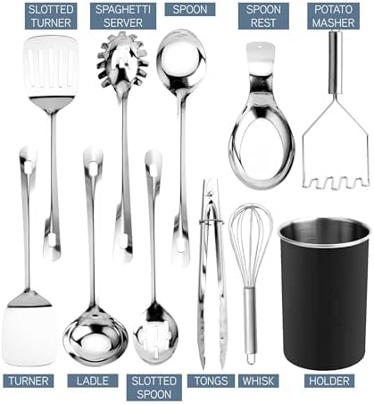 COOK WITH COLOR Kitchen Utensil Set - premium Nonstick & Heat Resistant Kitchen Gadgets, Turner, Spaghetti Server, Serving Spoons, Whisk, Tongs, Masher & Utensil Holder, 10-piece Black