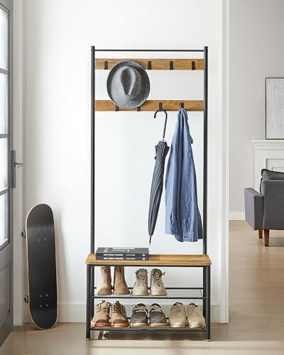 VASAGLE Coat Rack, Hall Tree with Shoe Storage Bench, 3-in-1, Steel Frame