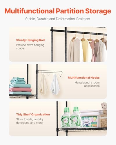 VEVOR Over the Washer and Dryer Storage Shelf, 5 Tier Laundry Room Drying Rack with Hanger Rod and Hooks, Adjustable Over Washer and Dryer Shelves, Laundry Room Shelf Storage Space Saver, Black