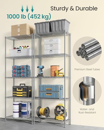 SONGMICS 5-Tier Storage Shelves, Adjustable Wire Shelving Unit, 8 Hooks