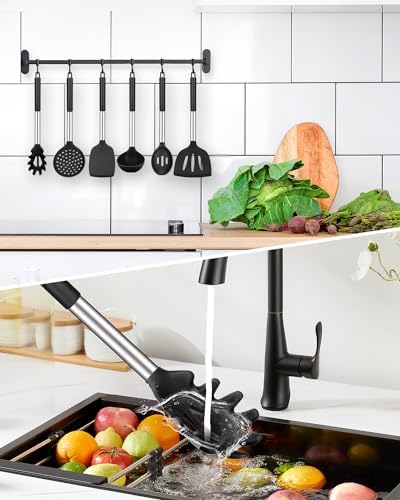 Silicone Kitchen Utensils Set, 8Pcs Cooking Utensils with Holder, Black