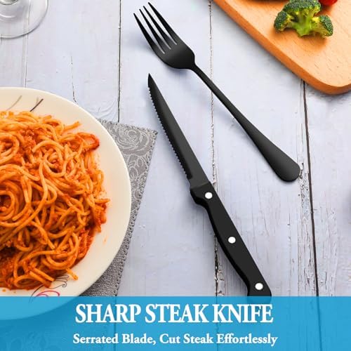 24 Pcs Black Silverware Set with Steak Knives, Stainless Steel Flatware Cutlery Set for 4, Kitchen Tableware Sets, Utensil Sets for Home and Restaurant, Dishwasher Safe