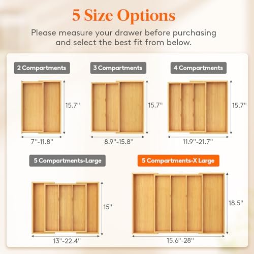 Lifewit Bamboo Utensil Organizer for Kitchen Drawer, Cooking Utensil Tray