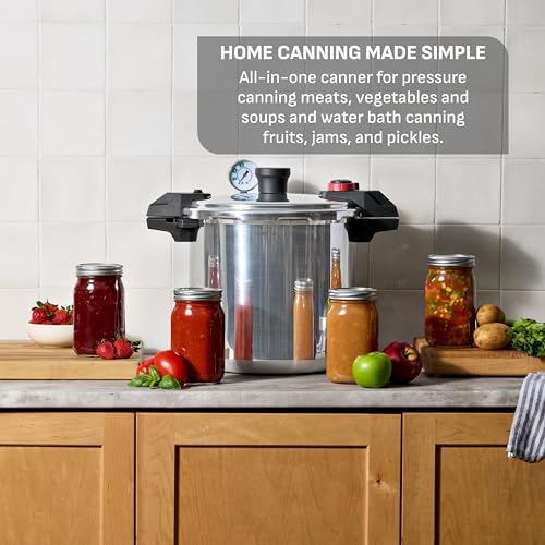 T-fal 22-Quart Aluminum Pressure Canner, 3 PSI Settings, Home Canning, Includes Racks & Canning Guide, Large Capacity, Pressure & Water Bath Canning for Vegetables, Meats, Seafood & Fruits, Silver